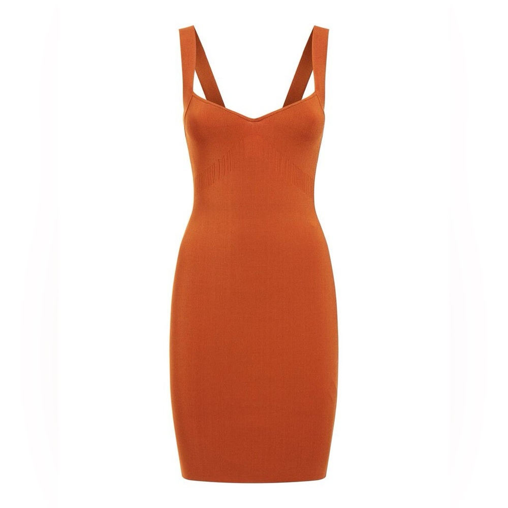 GUESS Mirage Anise Ribbed Bodycon Dress Sweetheart Neck S Rust Sleeveless